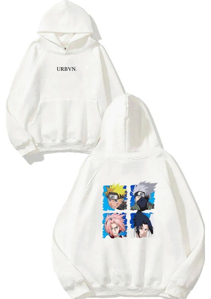 Anime Karakter Tasarım Baskılı Oversize Beyaz Kapüşonlu Sweatshirt