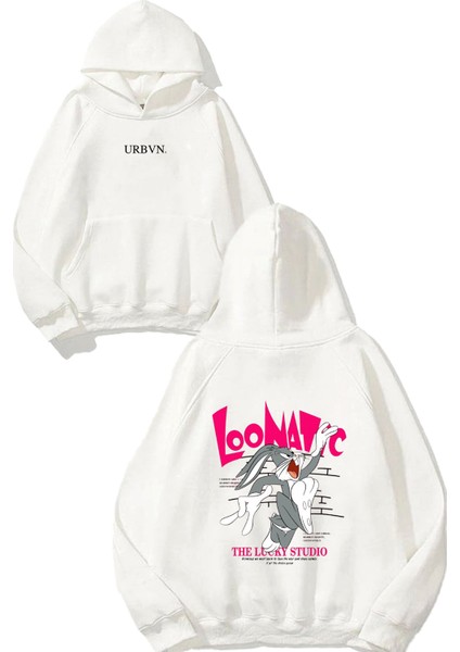 Loonatic Tasarım Baskılı Oversize Beyaz Kapüşonlu Sweatshirt
