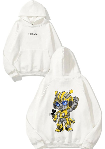 Bumblebee Tasarım Baskılı Oversize Beyaz Kapüşonlu Sweatshirt