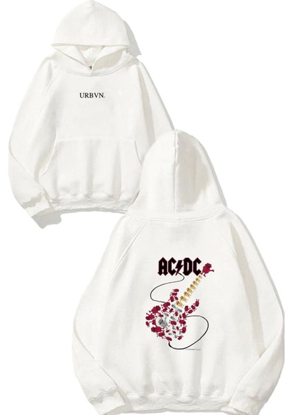 Acdc Gitar Tasarım Baskılı Oversize Beyaz Kapüşonlu Sweatshirt