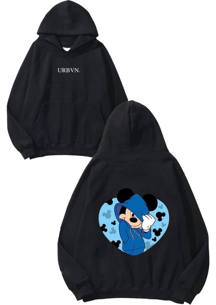 Mickey Blue Tasarım Baskılı Oversize Siyah Kapüşonlu Sweatshirt
