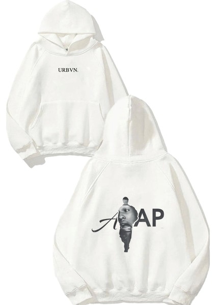Asap Shadow Tasarım Baskılı Oversize Beyaz Kapüşonlu Sweatshirt