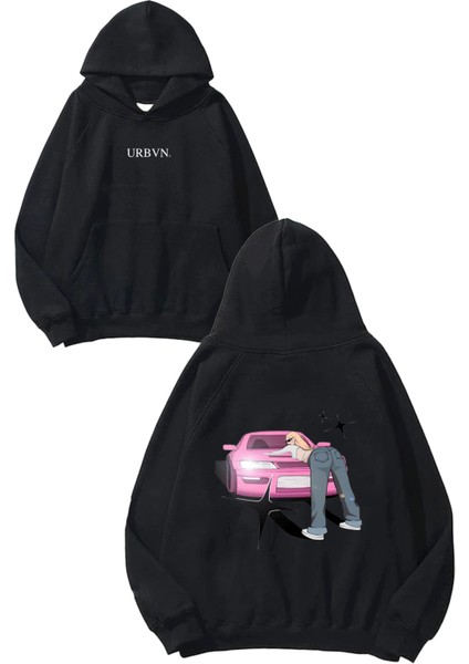 Car Girl Tasarım Baskılı Oversize Siyah Kapüşonlu Sweatshirt