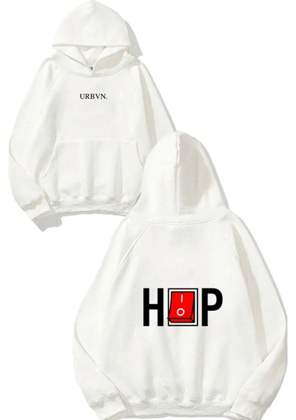 Hip Hop On Tasarım Baskılı Oversize Beyaz Kapüşonlu Sweatshirt