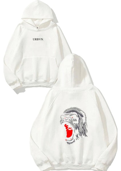 Goril 1 Tasarım Baskılı Oversize Beyaz Kapüşonlu Sweatshirt