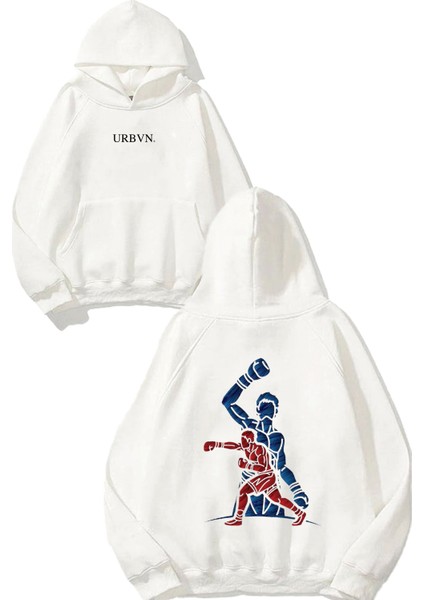 2 Fighter Tasarım Baskılı Oversize Beyaz Kapüşonlu Sweatshirt