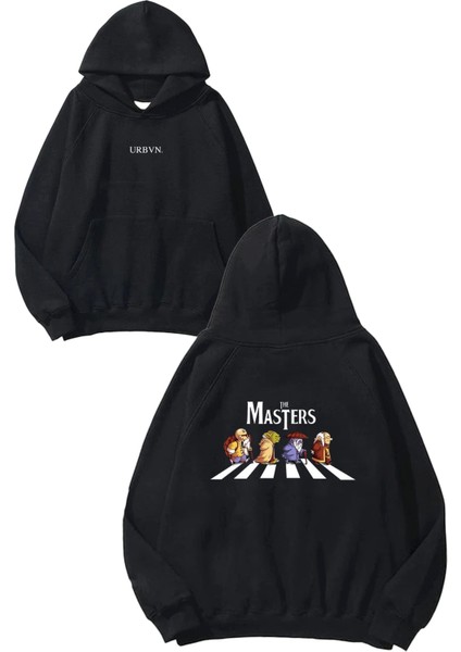 Masters Tasarım Baskılı Oversize Siyah Kapüşonlu Sweatshirt