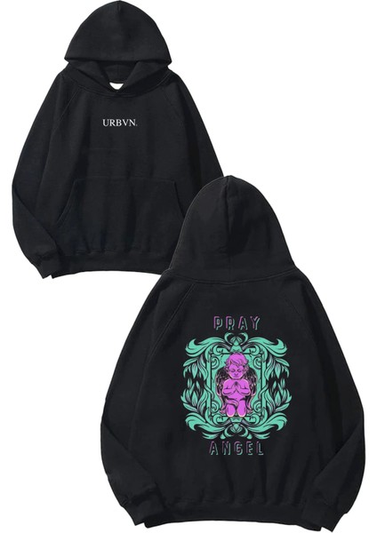 Pray Angel Tasarım Baskılı Oversize Siyah Kapüşonlu Sweatshirt