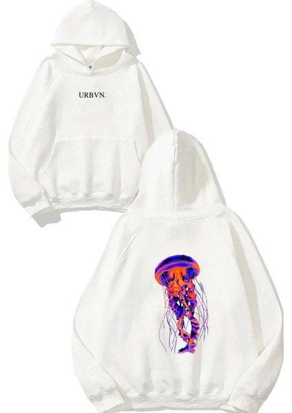 Jellyfish Tasarım Baskılı Oversize Beyaz Kapüşonlu Sweatshirt