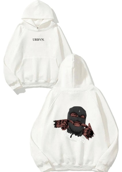 Boy Club Tasarım Baskılı Oversize Beyaz Kapüşonlu Sweatshirt