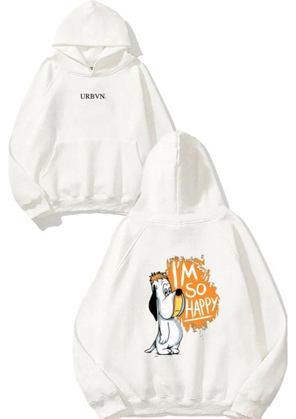 So Happy Tasarım Baskılı Oversize Beyaz Kapüşonlu Sweatshirt