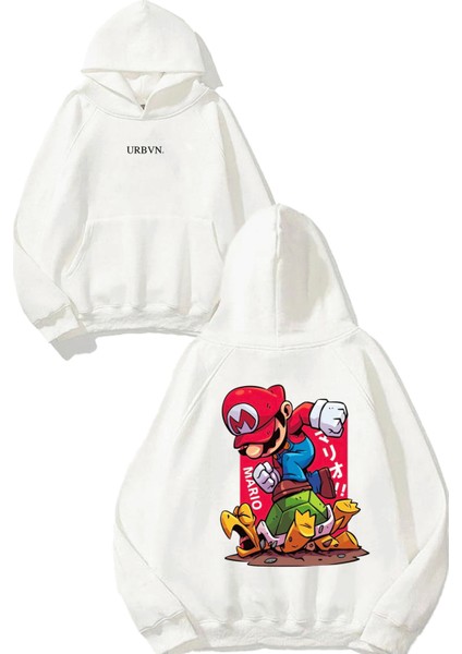 Mario Tasarım Baskılı Oversize Beyaz Kapüşonlu Sweatshirt