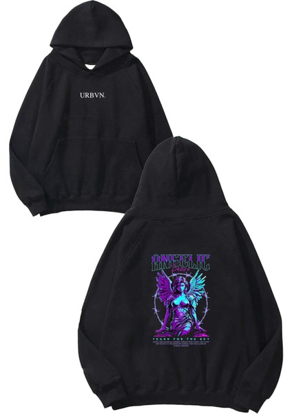 Angelic Tasarım Baskılı Oversize Siyah Kapüşonlu Sweatshirt
