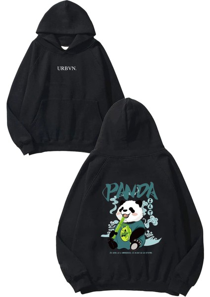 Panda Tasarım Baskılı Oversize Siyah Kapüşonlu Sweatshirt