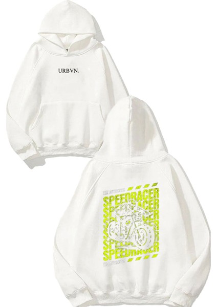 Racer Tasarım Baskılı Oversize Beyaz Kapüşonlu Sweatshirt