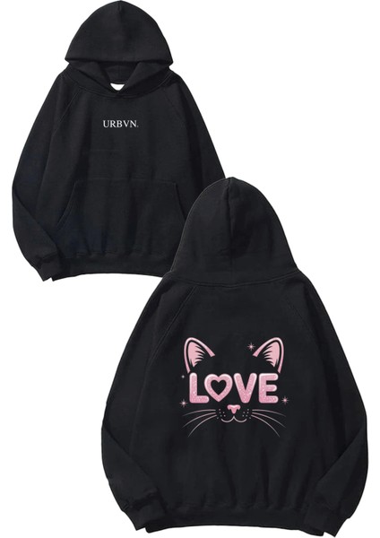 Love Cat Tasarım Baskılı Oversize Siyah Kapüşonlu Sweatshirt