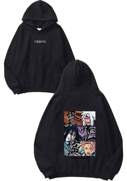 Legandary Anime Tasarım Baskılı Oversize Siyah Kapüşonlu Sweatshirt