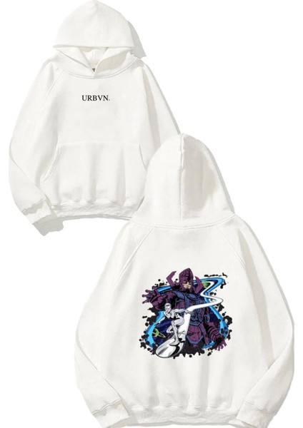 Cosmic Space Tasarım Baskılı Oversize Beyaz Kapüşonlu Sweatshirt