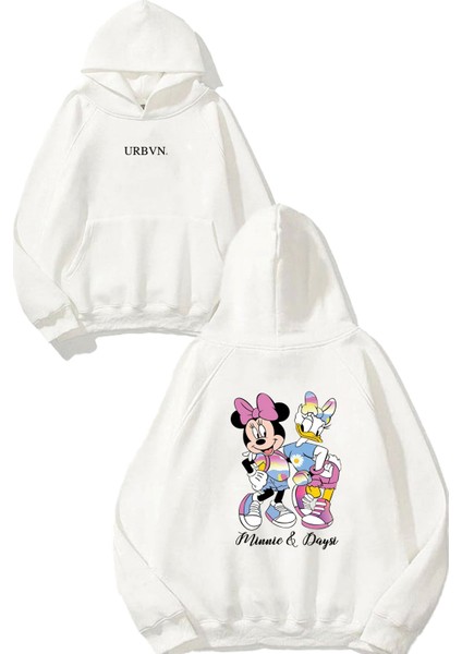 Minnie Daisy Tasarım Baskılı Oversize Beyaz Kapüşonlu Sweatshirt