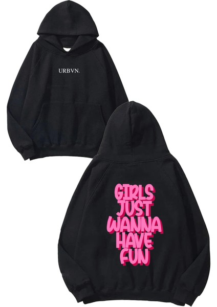 Girls Fun Tasarım Baskılı Oversize Siyah Kapüşonlu Sweatshirt