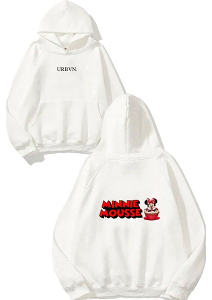 Minnie Mousse Tasarım Baskılı Oversize Beyaz Kapüşonlu Sweatshirt