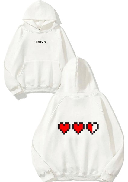 Love Pixel Tasarım Baskılı Oversize Beyaz Kapüşonlu Sweatshirt