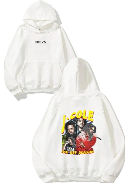 J Cole Tasarım Baskılı Oversize Beyaz Kapüşonlu Sweatshirt