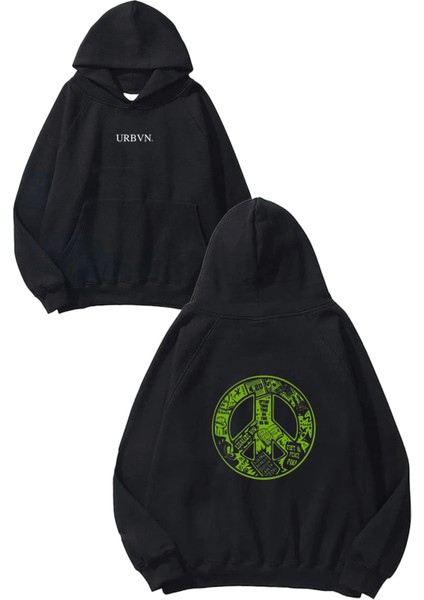 Green Peace Tasarım Baskılı Oversize Siyah Kapüşonlu Sweatshirt