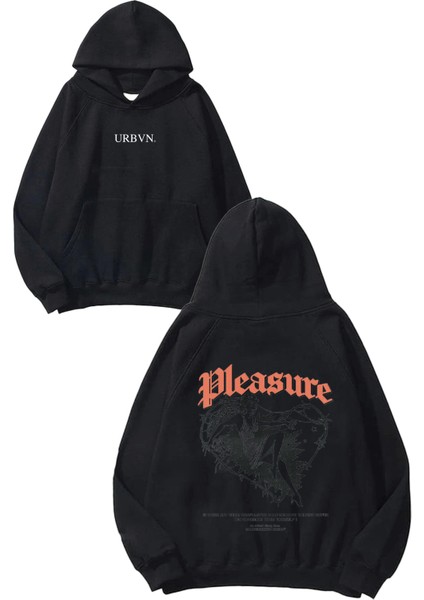 Pleasure Tasarım Baskılı Oversize Siyah Kapüşonlu Sweatshirt