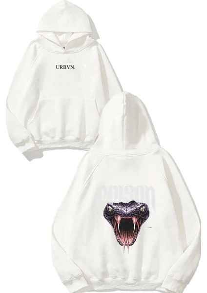 Poison Tasarım Baskılı Oversize Beyaz Kapüşonlu Sweatshirt