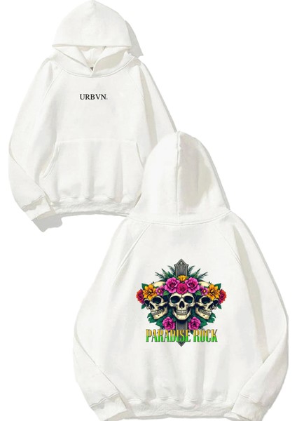 Paradise Rock Tasarım Baskılı Oversize Beyaz Kapüşonlu Sweatshirt