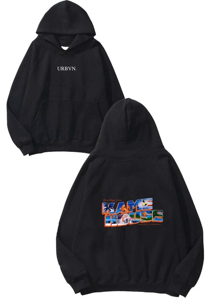 Kame House Tasarım Baskılı Oversize Siyah Kapüşonlu Sweatshirt