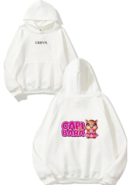 Capibara Cute Tasarım Baskılı Oversize Beyaz Kapüşonlu Sweatshirt