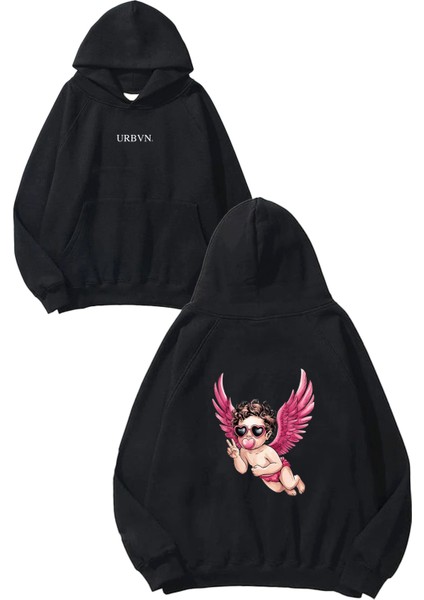 Peace Angel Tasarım Baskılı Oversize Siyah Kapüşonlu Sweatshirt