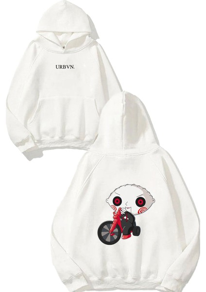 Guy Chucky Tasarım Baskılı Oversize Beyaz Kapüşonlu Sweatshirt