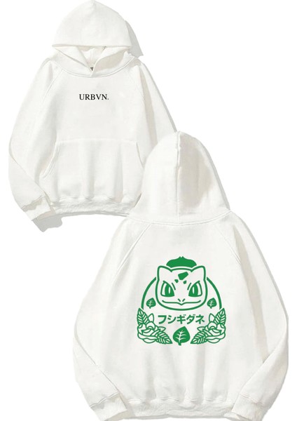 Green Squirtle Tasarım Baskılı Oversize Beyaz Kapüşonlu Sweatshirt