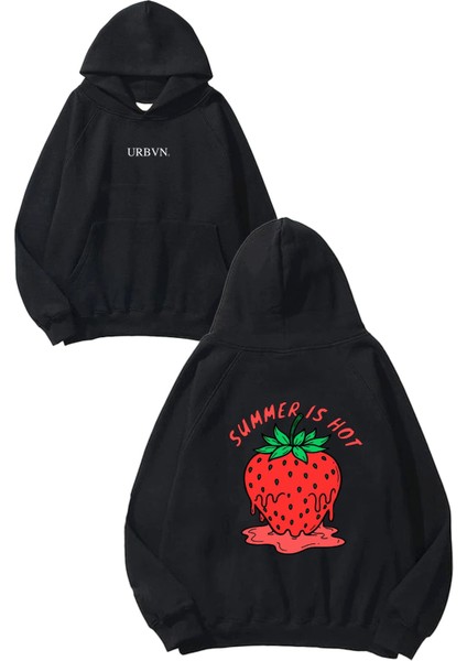 Summer Is Hot Tasarım Baskılı Oversize Siyah Kapüşonlu Sweatshirt