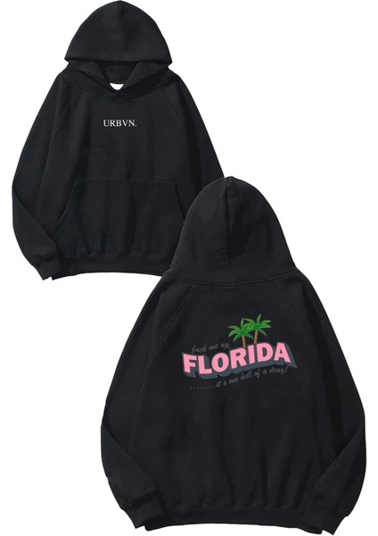 Florida Tasarım Baskılı Oversize Siyah Kapüşonlu Sweatshirt