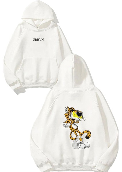 Cheetah Tasarım Baskılı Oversize Beyaz Kapüşonlu Sweatshirt