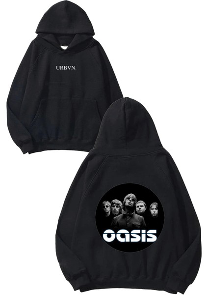 Oasis Tasarım Baskılı Oversize Siyah Kapüşonlu Sweatshirt
