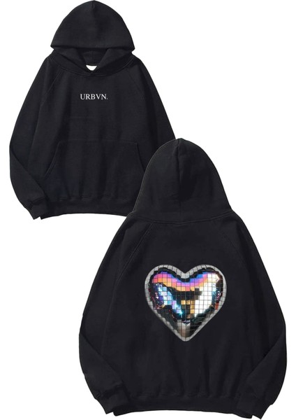 Disco Heart Tasarım Baskılı Oversize Siyah Kapüşonlu Sweatshirt