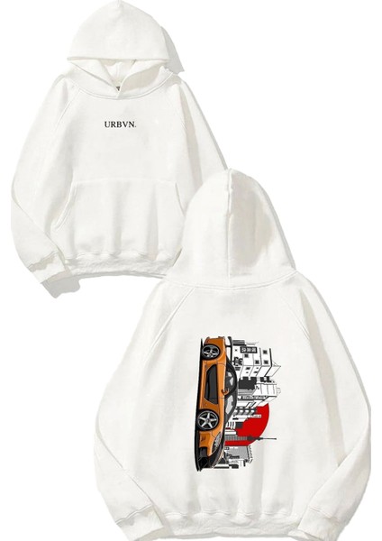 City Car Tasarım Baskılı Oversize Beyaz Kapüşonlu Sweatshirt