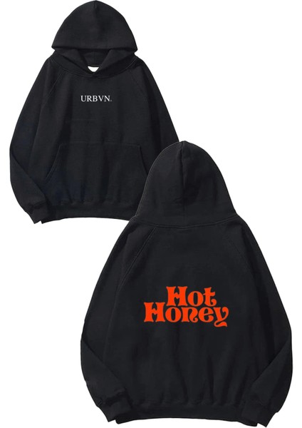 Hot Honey Tasarım Baskılı Oversize Siyah Kapüşonlu Sweatshirt