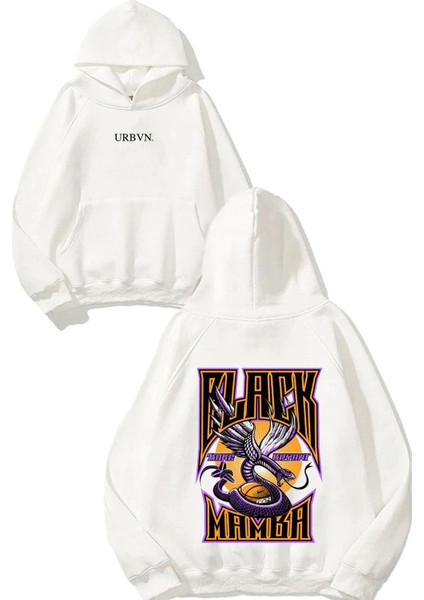 Black Mamba Tasarım Baskılı Oversize Beyaz Kapüşonlu Sweatshirt