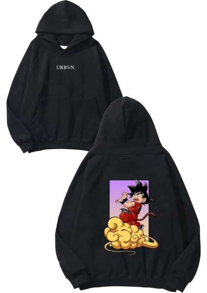 Anime Storm Tasarım Baskılı Oversize Siyah Kapüşonlu Sweatshirt