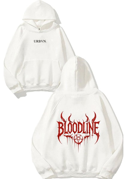 Bloodline Tasarım Baskılı Oversize Beyaz Kapüşonlu Sweatshirt