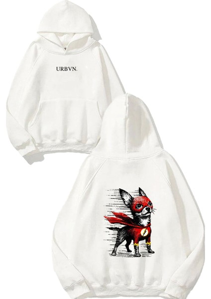 Flash Puppy Tasarım Baskılı Oversize Beyaz Kapüşonlu Sweatshirt