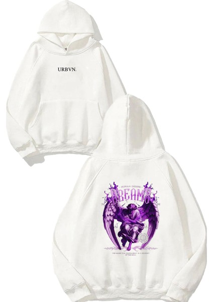 Human Desire Tasarım Baskılı Oversize Beyaz Kapüşonlu Sweatshirt