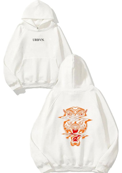 Animal Print Tasarım Baskılı Oversize Beyaz Kapüşonlu Sweatshirt
