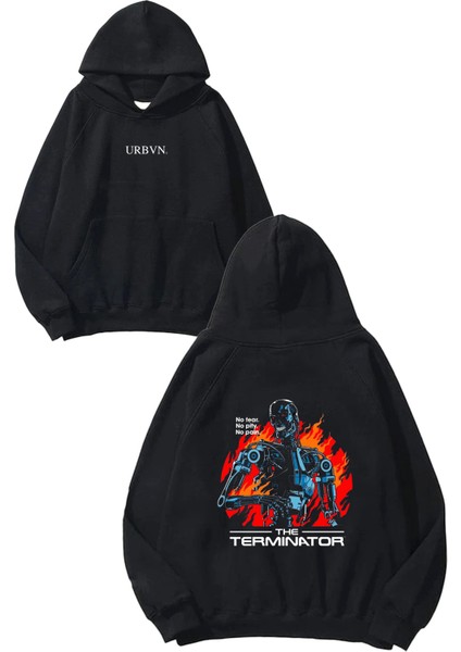 The Terminator Tasarım Baskılı Oversize Siyah Kapüşonlu Sweatshirt